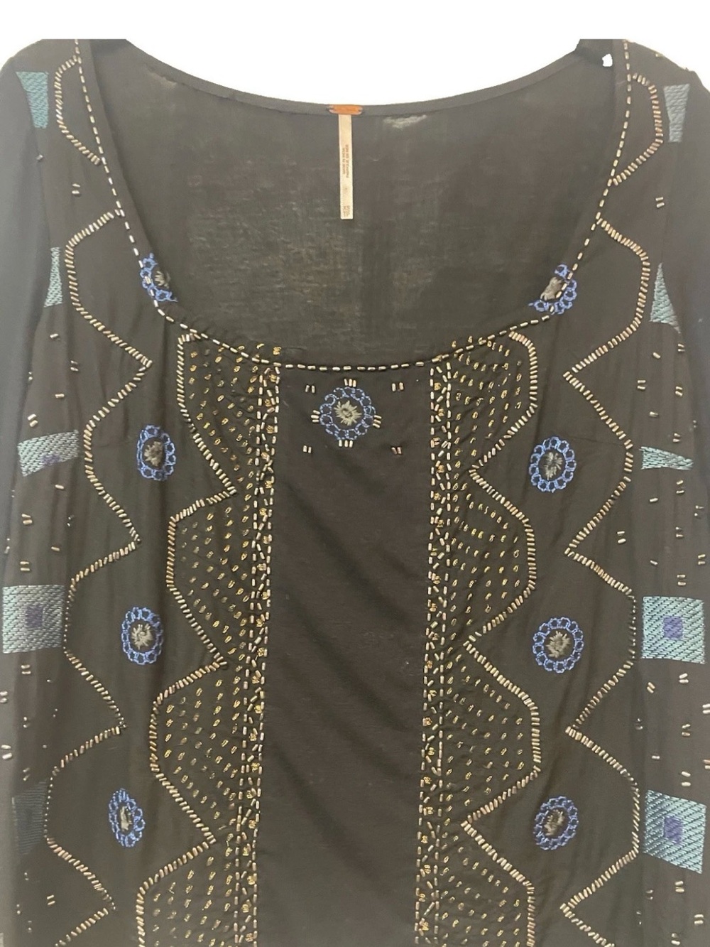 Free People Black Beaded Bell Sleeve Boho Blouse Top Square Neck Sz XS - Picture 3 of 10